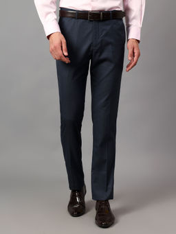 Cantabil - Men Navy Blue Solid Non Pleated Formal Trouser