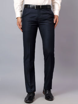 Cantabil - Men Navy Blue Solid Non Pleated Formal Trouser