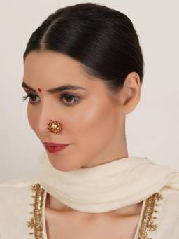 Mali Fionna - White Traditional Maharashtrian Nath Nose Ring with Pearl and Stone Work