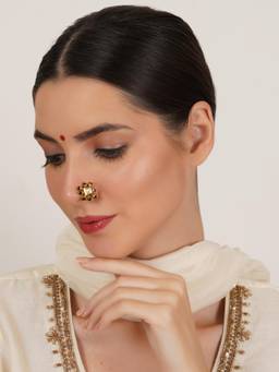 Mali Fionna - White Traditional Maharashtrian Nath Nose Ring with Pearl and Stone Work