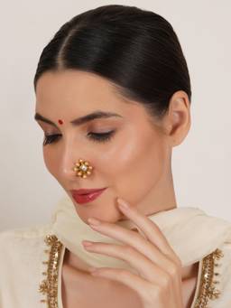 Mali Fionna - White Traditional Maharashtrian Nath Nose Ring with Pearl and Stone Work