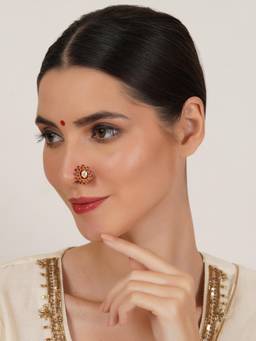 Mali Fionna - White Traditional Maharashtrian Nath Nose Ring with Pearl and Stone Work