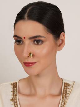 Mali Fionna - White Traditional Maharashtrian Nath Nose Ring with Pearl and Stone Work