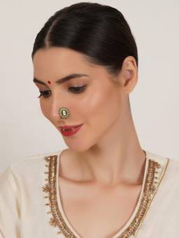 Mali Fionna - White Traditional Maharashtrian Nath Nose Ring with Pearl and Stone Work