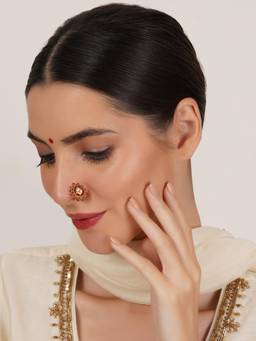 Mali Fionna - White Traditional Maharashtrian Nath Nose Ring with Pearl and Stone Work