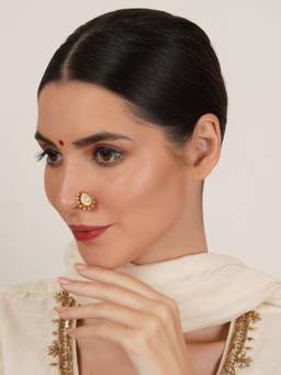 Mali Fionna - White Traditional Maharashtrian Nath Nose Ring with Pearl and Stone Work