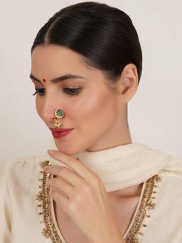 Mali Fionna - Green Traditional Maharashtrian Nath Nose Ring with Pearl and Stone Work