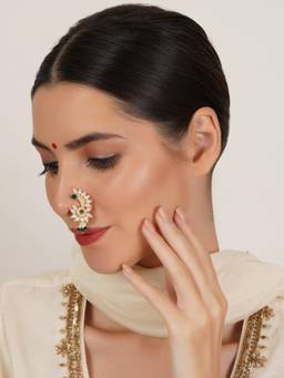 Mali Fionna - Green Traditional Maharashtrian Nath Nose Ring with Pearl and Stone Work