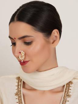 Mali Fionna - Pink Traditional Maharashtrian Nath Nose Ring with Pearl and Stone Work