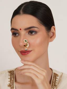 Mali Fionna - Green Traditional Maharashtrian Nath Nose Ring with Pearl and Stone Work