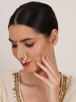 Mali Fionna - White Traditional Maharashtrian Nath Nose Ring with Pearl and Stone Work