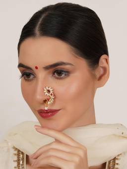 Mali Fionna - Pink Traditional Maharashtrian Nath Nose Ring with Pearl and Stone Work