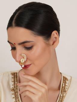 Mali Fionna - White Traditional Maharashtrian Nath Nose Ring with Pearl and Stone Work