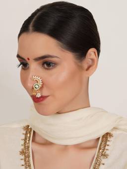 Mali Fionna - White Traditional Maharashtrian Nath Nose Ring with Pearl and Stone Work