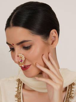 Mali Fionna - Pink Traditional Maharashtrian Nath Nose Ring with Pearl and Stone Work