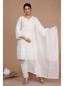 Doriyaan - Cream Lucknowi Chikankari Embroidered Kurta Pant with Dupatta (Set of 3)