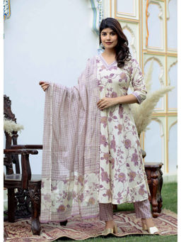 Doriyaan - Womens Floral Cream Anarkali Kurta Pant and Dupatta (Set of 3)