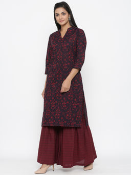 Doriyaan - Floral Printed Black Cotton Kurta with Sharara (Set of 2)