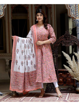 Doriyaan - Peach Floral Printed Anarkali Kurta and Dupatta (Set of 2)