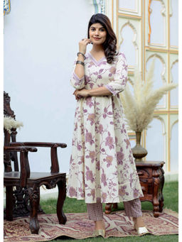 Doriyaan - Floral Printed Cream Anarkali Kurta and Pant (Set of 2)