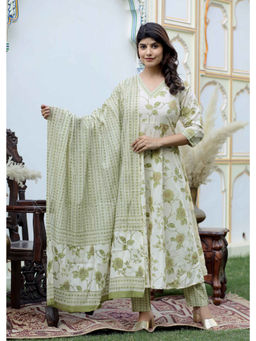 Doriyaan - Floral Print Cotton Anarkali Kurta Pant and Dupatta (Set of 3)