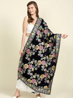 Dupatta Bazaar - Womens Multicoloured Floral Heavily Embroidered Navy Blue Velvet Dupatta