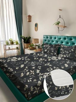 Rosara Home - Grey Floral 180 TC Fitted Bedsheet with 2 Pillow Covers (King)