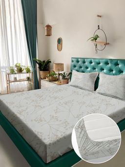 Rosara Home - Beige Floral 180 TC Fitted Bedsheet with 2 Pillow Covers (King)