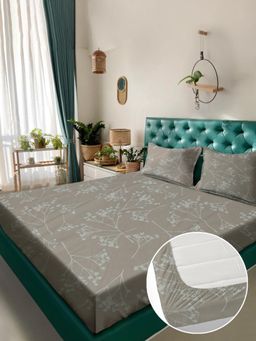 Rosara Home - Beige Floral 180 TC Fitted Bedsheet with 2 Pillow Covers (King)