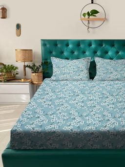 Rosara Home - Blue Floral 180 TC Flat 1 Bedsheet with 2 Pillow Covers (Queen)
