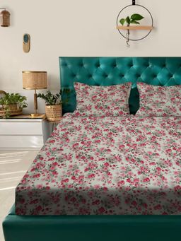 Rosara Home - Red Floral 180 TC Flat 1 Bedsheet with 2 Pillow Covers (Queen)