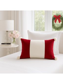 THROW PILLOW - Red And White Patchwork Pompom Cushion Cover (One Size)