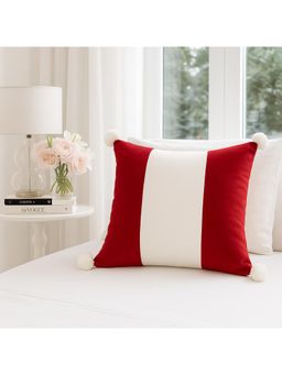 THROW PILLOW - Red And White Patchwork Pompom Cushion Cover (One Size)