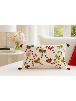 THROW PILLOW - Printed Candy Cane With Corner Tassels Cushion Cover (One Size)