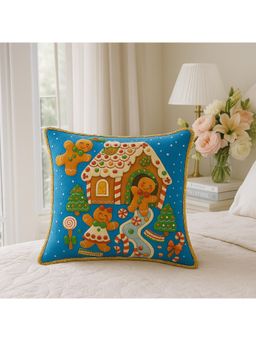 THROW PILLOW - Blue Gingerbread Golden Sequence All Round Cushion Cover (One Size)