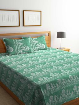 FABINALIV - Green Cartoon Design Handwoven Bedcover with 2 Pillow Covers (King)