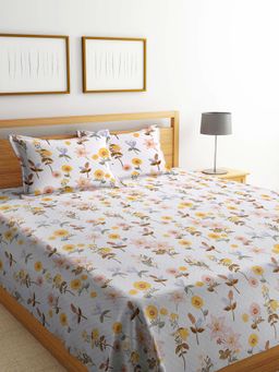 FABINALIV - White Floral Cotton Blend Quilted Bedcover with 2 Pillow Covers (King)