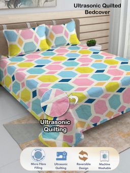 FABINALIV - Geometric Blend Ultrasonic Quilted Reversible Bedcover with 2 Quilted Pillow Covers (King)