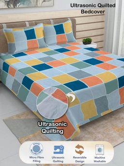 FABINALIV - Geometric Blend Ultrasonic Quilted Reversible Bedcover with 2 Quilted Pillow Covers (King)