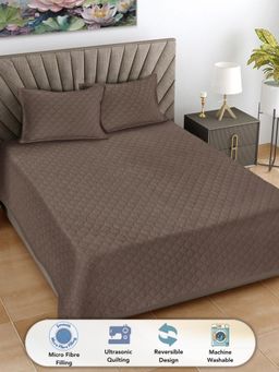 FABINALIV - Brown Solid Cotton Blend Reversible Quilted Bedcover with 2 Pillow Covers (King)