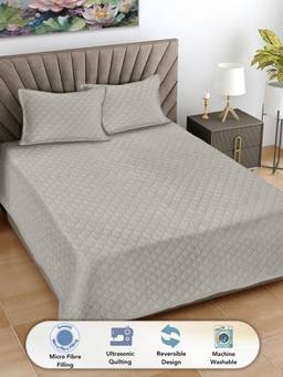 FABINALIV - Cream Solid Cotton Blend Reversible Quilted Bedcover with 2 Pillow Covers (King)