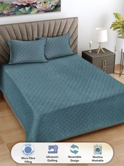 FABINALIV - Turquoise Solid Cotton Blend Reversible Quilted Bedcover with 2 Pillow Covers (King)
