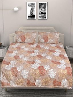 FABINALIV - Brown Floral Cotton Blend Reversible Quilted Bedcover with 2 Pillow Covers (King)