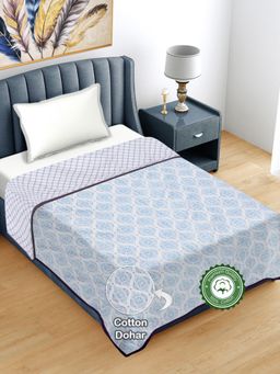 FABINALIV - Blue Ethnic Reversible 300 GSM Bed Dohar (Single)
