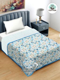 FABINALIV - Blue Floral Reversible 300 GSM Bed Dohar (Single)