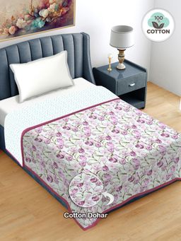 FABINALIV - Pink Floral Reversible 300 GSM Bed Dohar (Single)