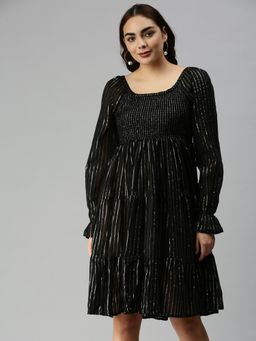 SHOWOFF - Women Striped Black Fit and Flare Dress