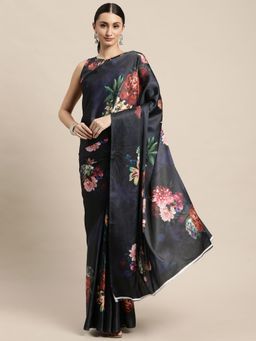VAIRAGEE - Navy Blue and Red Floral Printed Saree with Unstitched Blouse