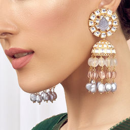 Joules By Radhika - Grey Gold Tone Kundan Polki Jhumka Bridal Earrings