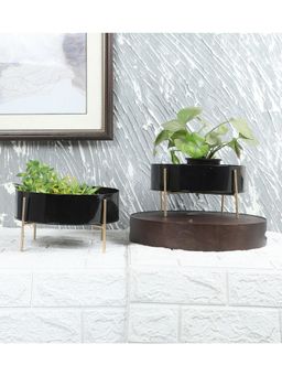 Amaya Decors - Round Black & Gold Table Planter with Stand Set of 2